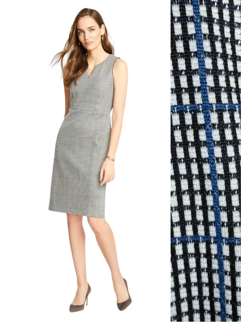 Ann Taylor Plaid Knit Sheath Dress 4 Split Neck Black Blue Sleeveless Career